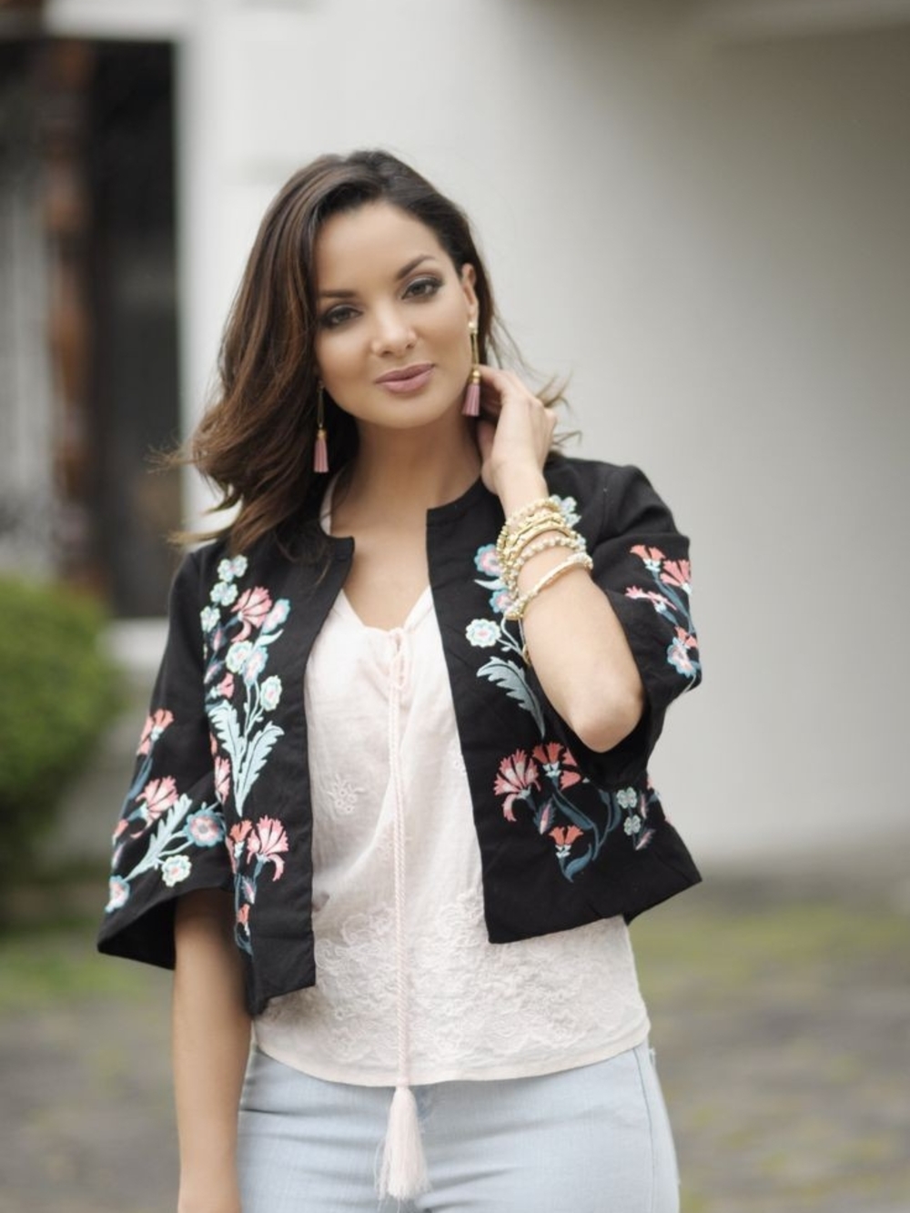 Vero Moda Black Cropped Blazer with Pink & Teal Floral Embroidery